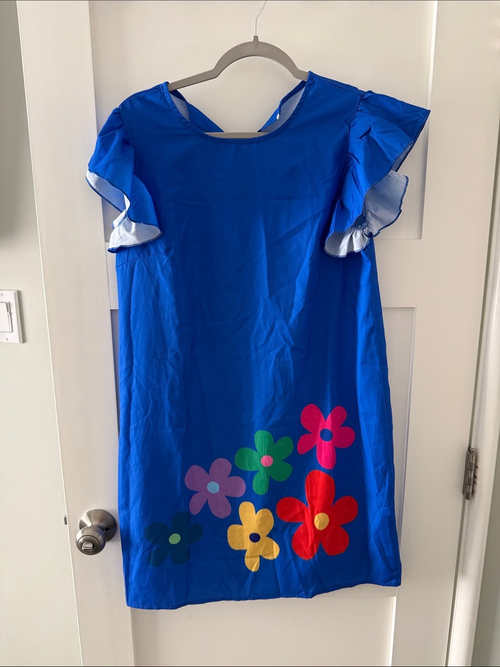 Bright Blue Floral Appliqué Casual Dress with Ruffle Sleeves